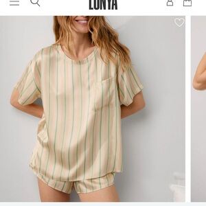 Lunya Cream and Green Striped Sleepwear Set